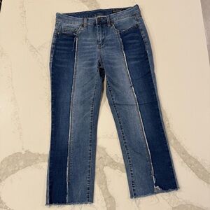 Blank NYC Skinny Two-Tone Raw Hem Split Front Cropped Denim Jeans Womens 29 Blue